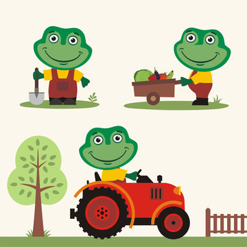 Set of funny frog farmer with shovel, with wheelbarrow with vegetables, in farm tractor. Collection of frog is working on the farm.
