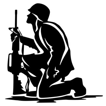 Kneeling soldier looking upward holding rifle, solemn feeling, patriotic, vector silhouette in plain black and isolated.