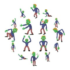 Fototapeta na wymiar Zombie poses icons set, cartoon style