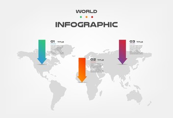 World map arrow color infographics step by step in a series of gradient block. Element of chart, graph, diagram with 3 options - parts, processes, timelines. Vector business template for presentation