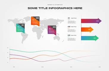 World map infographics, with arrows. Element of chart, graph, diagram with 3 options - parts, processes, timeline. Vector business template for presentation, workflow layout, annual report, web design