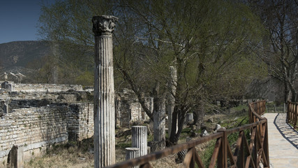 The Temple of Aphrodite in Aphrodisias Turkey with view of mountains in the background