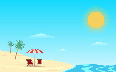 Fototapeta na wymiar beach umbrella in flat icon design at sea with blue sky background