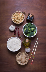 Chinese food raw ingredients, vegetables and nuts. Toned photo