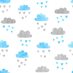 Seamless vector watercolor clouds pattern. Rain of hearts.