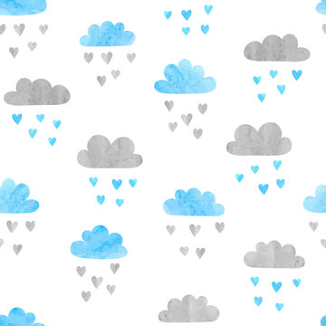 Fototapeta Seamless vector watercolor clouds pattern. Rain of hearts.
