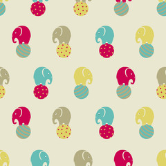 Seamless pattern with cute circus elephants on balls. Vector illustration.