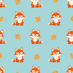 Seamless vector pattern with cartoon foxes and autumn leaves.