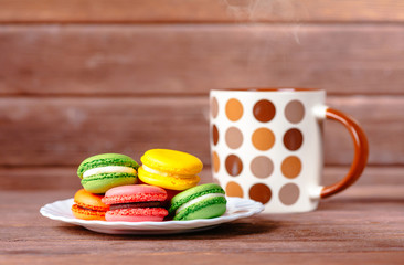 Macarons dessert and hot drink.