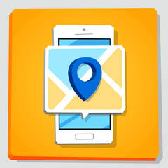 Smartphone 3d isometry flat design vector illustration. Window with pin navigation arrow icon on mobile phone screen. Concept of user geolocation app.