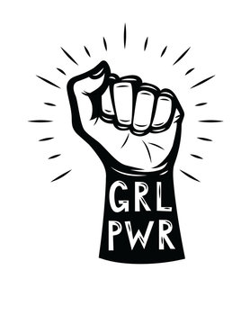 Vector hipster style poster of woman's fist. "Girls power" lettering with logo design elements isolated from white background
