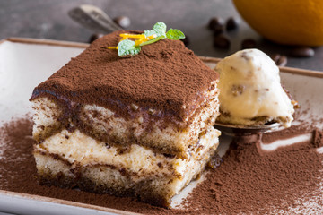 Tiramisu Cake Homemade Dessert with Mascarpone Cheese and Espresso Coffee