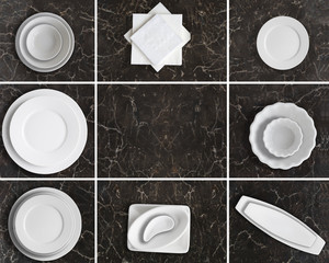 White porcelain dishes set on black marble table. Restaurant, catering, service concept.Top view,...