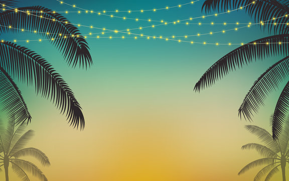 Silhouette palm tree and Hanging decorative party lights in flat icon design with vintage color background