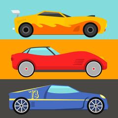 Sport speed automobile and offroad rally car colorful fast motor racing auto driver transport motorsport vector illustration.