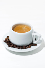 morning cup of espresso on a white background, vertical