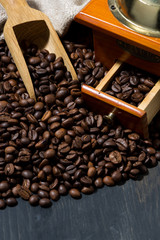 roasted coffee beans and accessories, concept photo, vertical