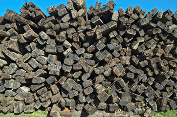 giant pile of railway cross ties, close up