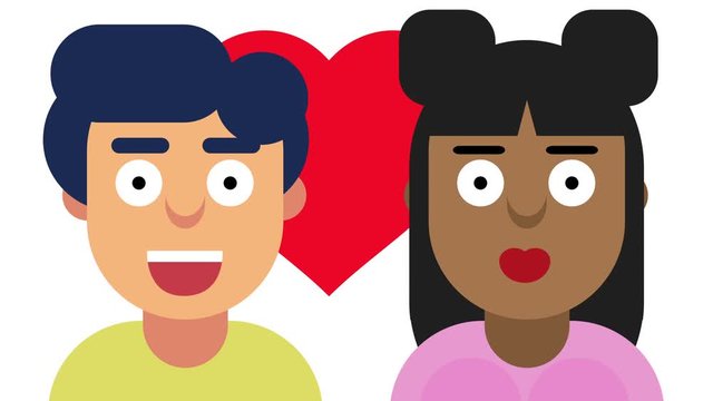 black woman and white male couple faces icons with heart background motion graphic loop