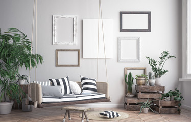 Mock up poster frame in hipster interior background, scandinavian style, 3D render