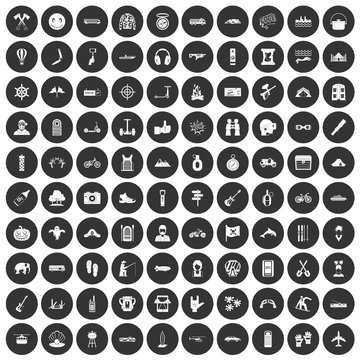 100 adventure icons set black circle