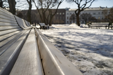 White wooden benches standing in a city park in the trees on which the shadow falls on the melting snow on the background of old houses and blue sky, spring sunny day. Close-up.