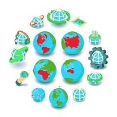 Globalization icons set, cartoon style