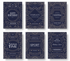 Abstract vector brochure cards set. Outline art template of flyear, magazines, posters, book cover, banners. Colorful thin line invitation concept background. Layout ornament illustrations modern page