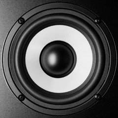 Black and white loudspeaker music sound, close up
