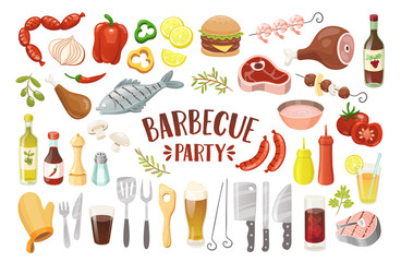 Barbecue party icons set. Grilled fish, meat, chicken, prawns, drumstick, sausages, burger, peeper, drinks, sauces and condiments. Isolated elements. Vector illustration.