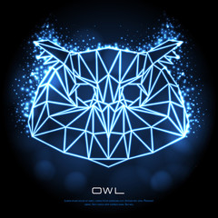 Abstract polygonal tirangle bird owl neon sign. Hipster animal illustration.