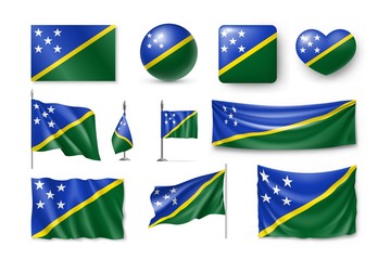 Set Solomon Islands realistic flags, banners, banners, symbols, icon. Vector illustration of collection of national symbols on various objects and state signs