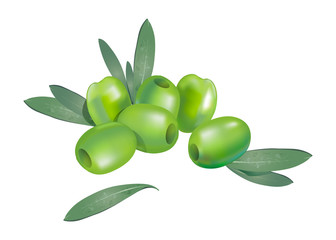 Realistic 3d boneless green olives with few leaves composition isolated on white background. Vector organic food  illustration