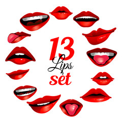 Red woman's lip 13 icons set isolated on white background. Vector illustration for modern design collection