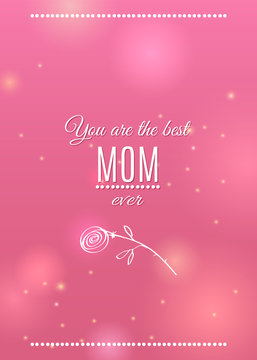 Happy Mother's Day pink greeting card with line rose and sparkles on beautiful light backdrop. Vector holiday template illustration. Spring background