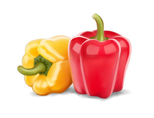 Fresh red and yellow peppers. Vegetable isolated icon. For farm market, vegetarian salad recipe design. 3d hyperrealism vector illustration
