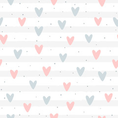 Repeated hearts and round dots on striped background. Romantic seamless pattern. Cute endless print. Drawn by hand. - 200261847