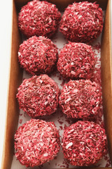 Vegan candies in box isolated on white