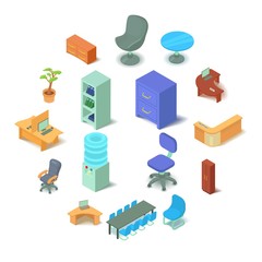 Office furniture icons set, isometric style