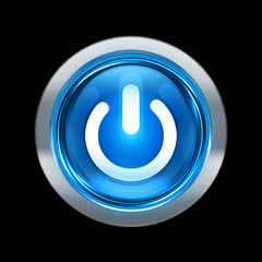 Power button blue with metallic edging. Isolated on black background.
