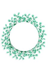 Round frame of watercolor painted green leaves on a white background. Isolated and space for your text.
