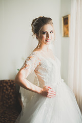 Fototapeta premium Gorgeous bride in robe posing and preparing for the wedding ceremony face in a room