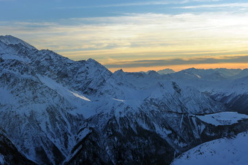 France. The tops of the Alps in the evening in the village  Chamonix