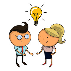 Hand drawn flat design colorful cartoon vector illustration. Art work or sticker with funny character. Two young businessmans or office managers stand opposite each other under bulb and discuss idea.