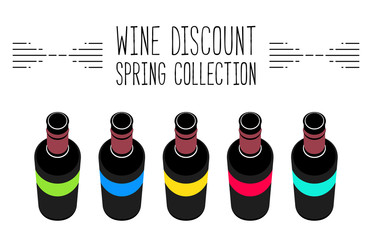 Colorful  illustration. Wine bottles. Top view. Discount. Spring collection. Wine collection. Flat style design.