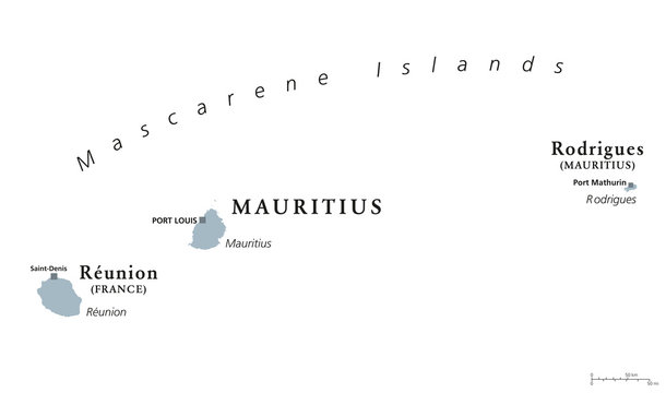 Mascarene Islands, political map. Mauritius, Reunion and Rodrigues. Mascarenhas Archipelago, a group of islands in the Indian Ocean. English labeling. Gray illustration on white background. Vector.