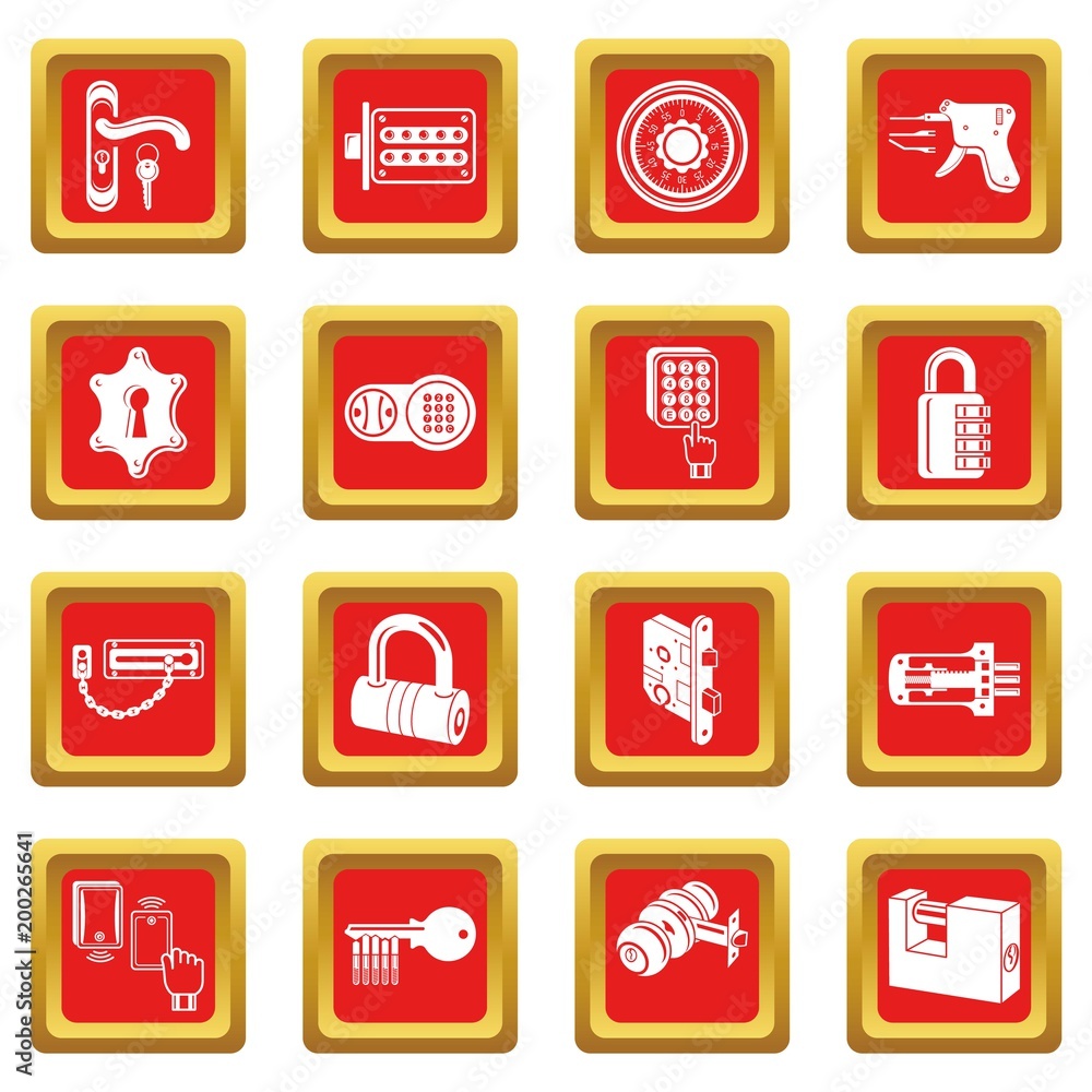 Poster lock door types icons set red square vector