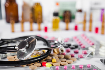 Medical medicine stethoscope and Pharmaceutical medication and medicine pills in packs