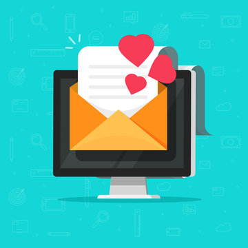 Love email message on computer vector illustration, flat cartoon e-mail letter with hearts on pc display, concept of online dating, internet or remote relationship, greeting invitation