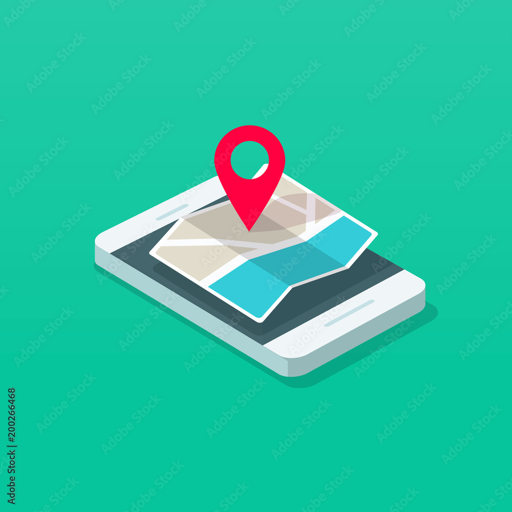 Poster smartphone and map pointer isometric vector illustration, flat cartoon mobile phone map navigator in